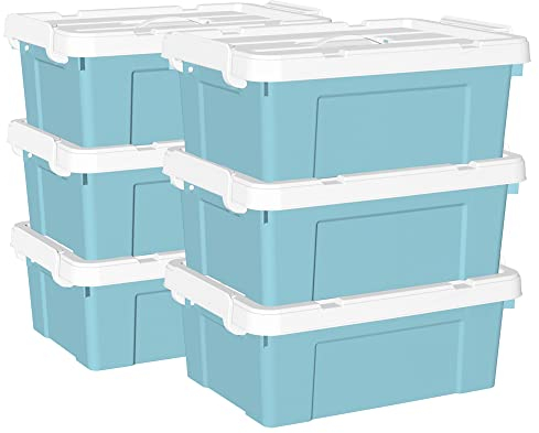 Cetomo 20L*6 Caja de Almacenamiento con Asa, Caja de Plástico con Tapa y Cierre Seguro, Contenedor de Almacenamiento, Duradera, Apilable, Resistentes, Azul, Paquete de 6 de 20L