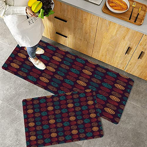 Küchenteppich Teppich Läufer Küchenläufer 2 Stück rutschfest,Geometrische, digitale Kreise mit Blüten Herz Rosenblätter Blätter stilvolle ethnische Ill, Waschbar für Flur Küche 40 x 100 cm+40 x 60 cm
