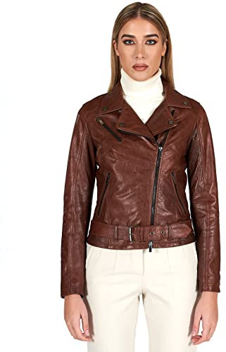D'Arienzo Chiodo in Pelle Vintage Color Cuoio Donna Giacca Giubbotto Moto Vera Pelle Made in Italy Chiodo XL/Cuoio