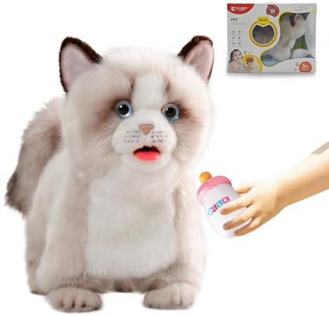 CU-MATE 12 Electric Plush Ragdoll Cat Toys, Electronic Stuffed Animal Cat Toy, Interactive Robot Cat, Walking, Nodding, Tail Wagging, Barking, Drinking Milk, Present Gift for Girls and Boys