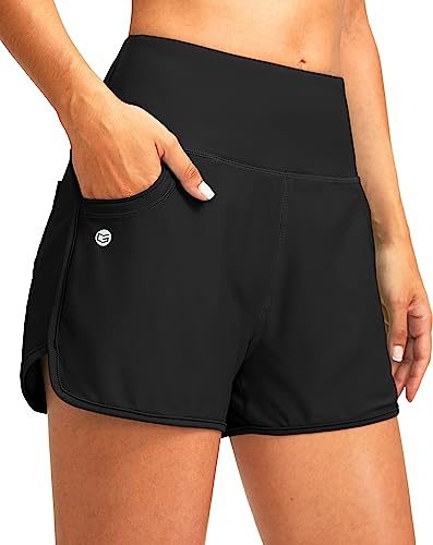 G Gradual Women's 3 High Waisted Swim Board Shorts with Pockets Quick Dry Swimsuit Bottoms Bathing Suit for Women with Liner(Black,S)