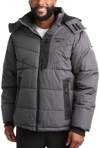 Reebok Herren Wintermantel Heavy Weight Bubble Puffer Parka Outerwear Skijacke für Männer (M-XXL), Dunkelgrau, Large