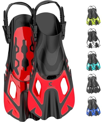 Khroom Schnorchelflossen verstellbar Flossen Erwachsene & Kinder | Kurze Taucherflossen & Flippers zum Schnorcheln Schwimmen Tauchen | leichte Schwimmflossen für Urlaub & Pool (Rot 32-36)