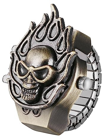 JewelryWe Herren Ringuhr Fingeruhr Analog Quarz Uhr Elastisch Totenkopf Schädel Ring Band Edelstahl Uhr Uhrenring