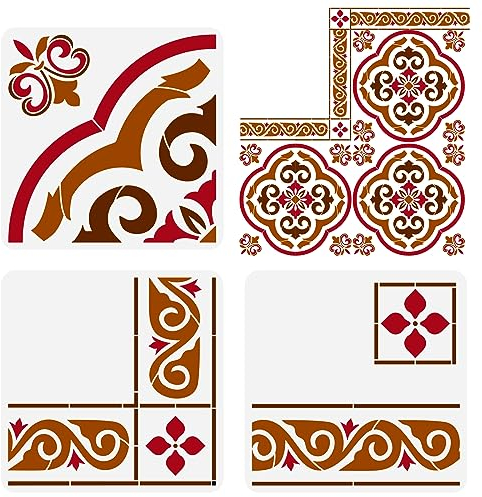 FINGERINSPIRE 3 Stück Bordüren Ecken Fliesenschablone 30x30 cm Wiederverwendbare Bodenfliesen Zeichnungsschablone Blumenrand Blumenecken Schablone Zum Malen Auf Fliesen Boden Wand Möbeln