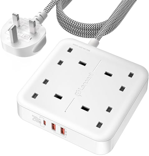 LENCENT 1.8M Extension Lead with 4 Way Outlets,PD 20W USB-C ＆2 USB-A QC 3.0 | 3250W 13A Power Strip, 1.8M Braided Extension Cord, Multi Power Plug Extension for Home and Office, White