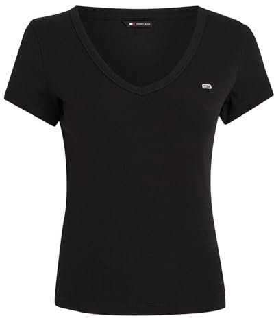 Tommy Jeans Camiseta de Manga Corta para Mujer Slim Essential Rib Cuello de Pico