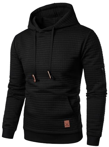 HOOD CREW Men’s Long Sleeve Pullover Hooded Jacquard Sweatshirt Plaid Hoodie with Pocket Black