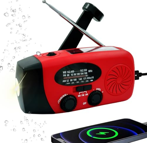 Handsider Radio météo d'urgence à manivelle, radio solaire AM FM NOAA avec lampe de poche LED et prise casque, chargeur de batterie externe 2000 mAh pour smartphone, lampe de poche LED auto-alimentée