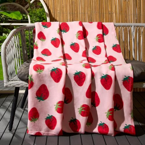 OHS Fleece Throw Blanket Strawberry Print, Pink Garden Blanket Lightweight Decorative Sofa Bed Picnic Blanket Throw Over Chairs Soft Warm Cosy Travel Throws, 120 x 150cm