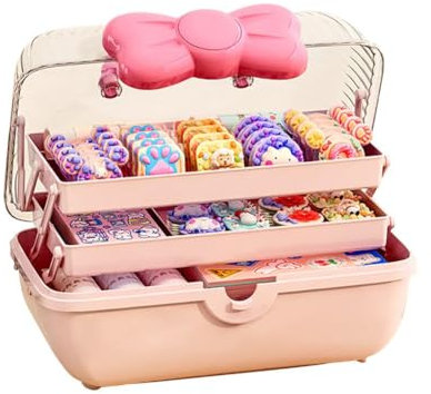 HMWQC Bow Shaped Hair Accessories Storage Box Lockable Three-layer Folding Craft Organizers and Storage for Girls Headbands Clips Ties Baby Girl Supplies, Pink, 16M81916H157E4V