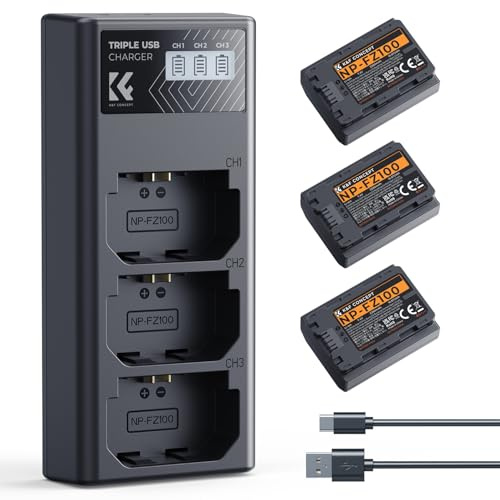 K&F CONCEPT 3-Pack NP-FZ100 Battery and Upgraded LCD Battery Charger Compatible with Sony A7iii, A7iv, A7C, FX3, FX30, A9, A6600, A6700, ZV-E1, ZV-E10ii, Alpha 9, A9S, A7R III, A7R IV, A7RV, 2280mAh