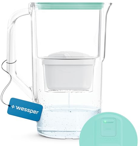 Wessper Carafe 2,8 L avec compteur LED, Carafe Filtrante pour eau, Compatible avec Brita Maxtra, Réduction du calcaire, du chlore | Contient une carafe filtrante + un filtre à eau – Menthe