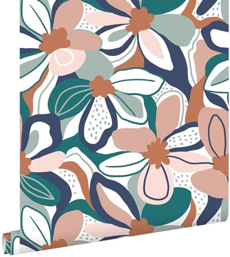 papier peint fleurs rose clair, terracotta et bleu 50 x 900 cm - ESTAhome
