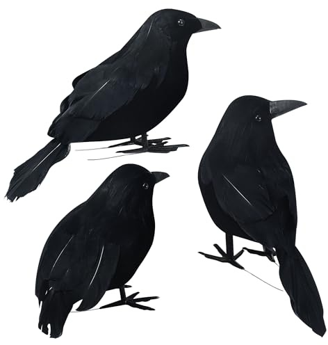 3 Pack Halloween Artificial Crows, Spooky Black Feathered Crow Decorations, Realistic Crow Raven Birds Decorations, Animal Ornament for Halloween Party Prop Home Garden Indoor Outdoor Decoration Model