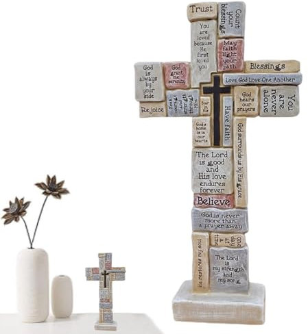 Christliches Kreuz – religiöses Jesuskreuz | Ermutigungswörter, vertrauenswürdige christliche Geschenke am Tisch, handgemachte Sprüche, Ornamente aus Harz, Gebetsskulptur, Dekoration
