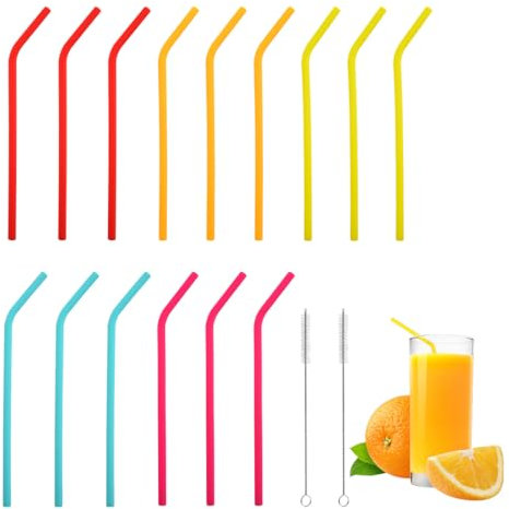 MIRKUZI Cannucce riutilizzabili Confezione da 15 cannucce in silicone colorate riutilizzabili per bambini, feste per adulti, cannucce curve in silicone con 2 spazzole