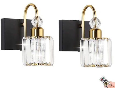 Juego de 2 luces de tocador de baño modernas que funcionan con baterías con bombilla y control remoto, luces de pared para espejo de baño sin cableado, apliques de pared de cristal temporizados regu