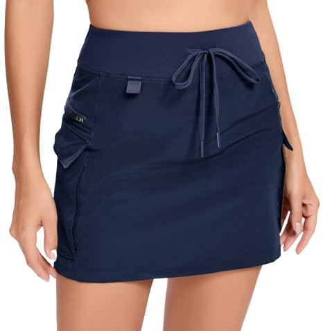 Timuspo Gonna da golf a vita alta, da donna, ad asciugatura rapida, in stile cargo/skort, con chiusura lampo e tasche, per tennis e altri sport, Blu mare, L