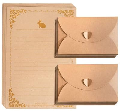 MYGLOAR 30 Stück Mini-Umschläge mit Briefpapier – Vintage-Mini-Kraft-Umschläge, Blankokarten, kleine Umschläge mit herzförmigem Verschluss für Geschenkkarten, DIY-Dankeskarten, Weihnachten
