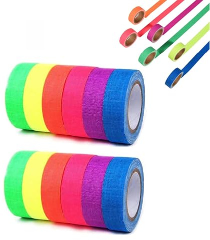 YOUNIEYO 12 rollos de cintas adhesivas fluorescentes, cinta adhesiva de colores luminosos, cinta adhesiva fluorescente de neón que brilla en la oscuridad, para decoración de pared de escenario