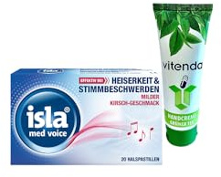 isla med voice Lot de 20 pastilles pour la gorge avec une crème pour les mains de vitenda, pour enrouement et irritation des cordes vocales, avec complexe hydrogel et mousse islandaise