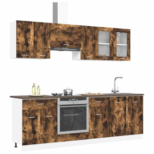 vidaXL Unidad de Cocina Lyon 8 uds. Roble Ahumado Madera de ingeniería | Hay mucho espacio para guardar todas tus cosas, Elegante y moderno, ideal para cocinas actuales,