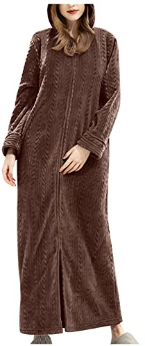 Robe de chambre longue avec fermeture éclair pour femme - Peignoir en flanelle douce jacquard respirant texturé à capuche pour femme