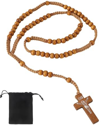 VYNZOR Rosenkranz Katholisch aus Naturholz, Handgemachter Gebetsrosenkranz mit Samtbeutel, Religiöses Geschenk für Kommunion Taufe Gebetspraxis