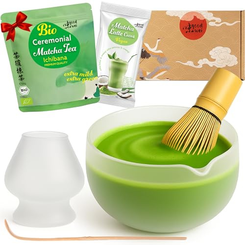 Goodwei Ensemble complet de matcha avec bol à matcha de haute qualité en céramique avec verseur, balai à matcha et support pour balai | Coffret cadeau pour cérémonie du thé avec matcha BIO & Latte de