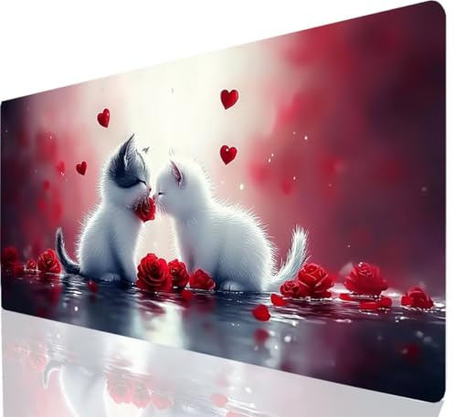 Gaming Mauspad Katze Mauspad groß Vernähten Kanten Schreibtischunterlage Rot XXL 600 x 300 mm wasserdichte Oberfläche rutschfeste Gummiunterseite Erweitertes Tastatur Mousepad für Computer a-189