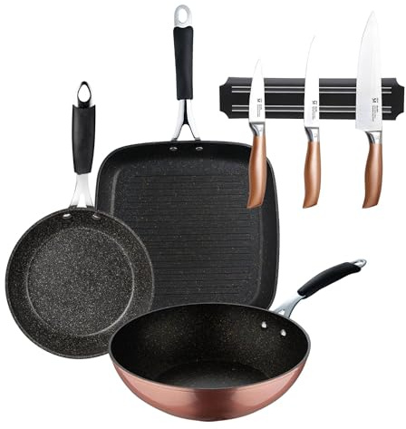 Set de 3 Cuhilllos cocina en acero inox + Sartén Grill 28x28cm + Wok Ø28cm + Sartén Ø20x4,5cm en aluminio forjado con revestimiento Cooper Bergner