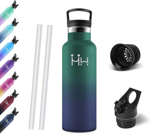 Motswedi Botella Agua, 500 ml Libre de BPA, Botella Termica, Con Pajita y 2 Tapas, Cantimplora, 18/8 Acero Inoxidable, Botellas Isotermica para Parchi, Uso Quotidiano - Verde oscuro&azul oscuro