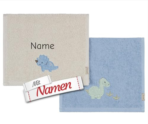 Sterntaler Kinderhandtuch mit Namen Dinosaurier Dino Rexi, Bestickt auf Grau Beige, 2er Pack Handtücher aus Baumwolle mit Tierdruck, Geschenk für die Kita