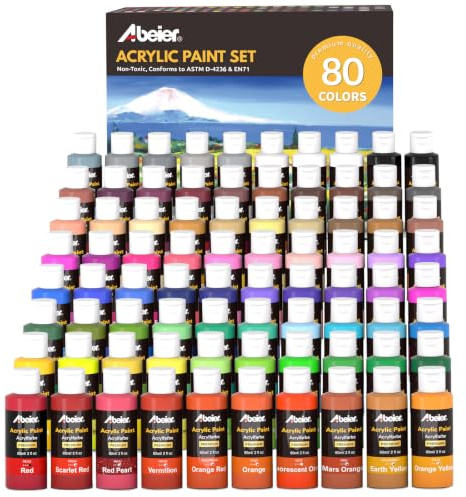 ABEIER Acrylfarben Set, 80 Acryl Farben in Flaschen (je 60ml), Hochwertige, Ungiftig, Wasserfest, Art Acrylfarben für Anfänger, Erwachsene, Studenten auf Leinwand, Felsen, Holz, Keramik, Stoff,Glas