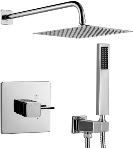 ARCORA Colonne de Douche Thermostatique Encastrable, Système de Douche 40°C avec Mitigeur Encastré, Douche Plafonnière, Douchette et Flexible, Corps en Laiton et Acier Inoxydable, Chromé