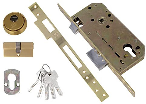 Amig - Cerradura de Embutir Mod.200 con Cilindro de Seguridad y Escudo + 5 Llaves - Para Puertas de Madera de Entrada - Con Picaporte Reversible - Para Manillas de 8 mm - De Acero Latonado