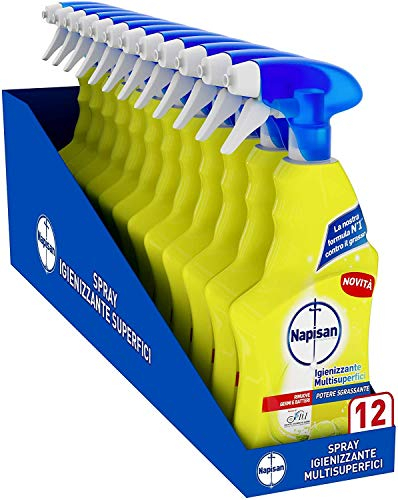 Napisan Spray Igienizzante Multisuperfici al Limone, Confezione da 12x750 ml di Igienizzante Spray Potere Sgrassante per l'Igiene delle Superfici della Cucina