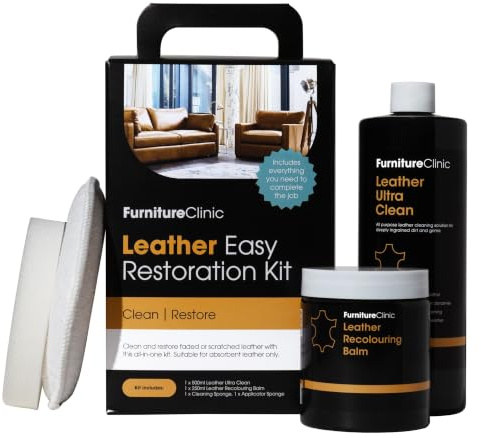 Furniture Clinic Easy Leather Restoration Kit (Beige) | Inklusive Recolouring Balsam, Ultra Clean, Schwamm & Tuch für Möbel, Autositze, Schuhe & Taschen
