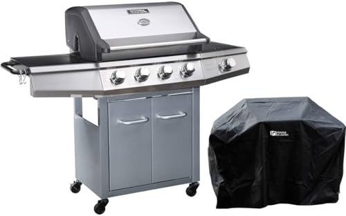 Habitat et Jardin Barbecue gaz avec LED Bingo 5, 5 Brûleurs Dont 1 Latéral, avec Housse Protection, 15.2 kW, Argenté ‎1351_93469