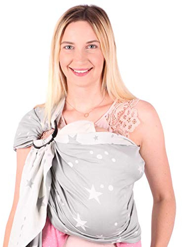 SCHMUSEWOLKE Ring Sling Baby-Tragetuch Hybrid Jacquard Mirastar Grey BIO-Baumwolle 70 x 215 cm Babysize-Toddlersize Neugeborene und Kleinkinder 0-60 Monate 3-16 kg Hüfttrage