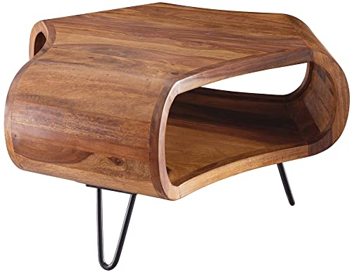 FineBuy Couchtisch Sheesham Massivholz 55x55x38 cm – Wohnzimmertisch mit Ablagefach und Metallbeinen, Design Tisch in Handarbeit, Retro Stil aus echtem Massivholz