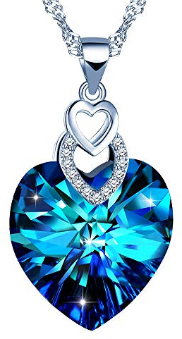 Yumilok Blau Kristall Zirkonia Doppel Herz des Ozeans Anhänger mit Kristall Steinen Damen 925 Sterling Silber Halskette Geschenkidee