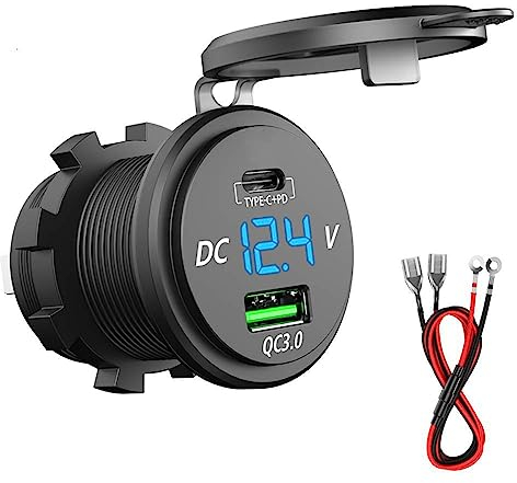 Car USB Socket QC 3.0 36W 12V Car Power Outlet Waterproof Double Car Charger Socket with LED Voltmeter for Marine, Boat, Motorcycle, RV, ATV, Truck (Green)