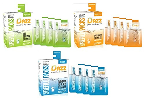 Dazz Whole House Refill Pack (4 Of Each Product - 12 Total) Natural Cleaning Tablets - All Purpose Cleaner, Glass and Window Cleaner, and Bathroom Cleaner - Eco Friendly, Non Toxic