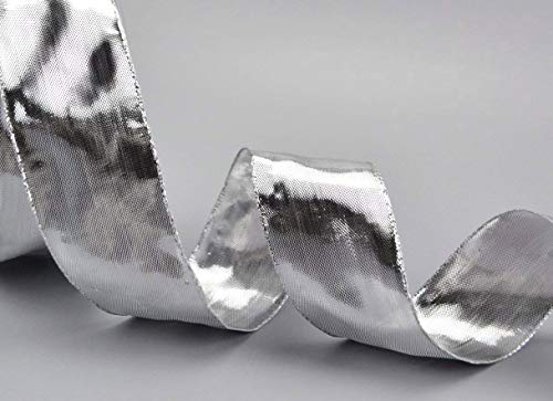 finemark 20 m x 40 mm Dekoband Glossy Silber Glanzband metallic Schleifenband mit Draht glänzend Geschenkband Weihnachten Drahtkantenband