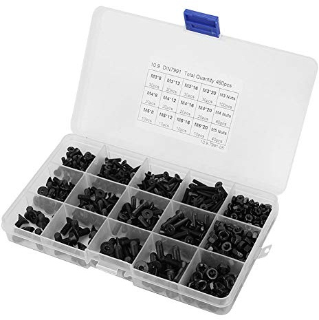 460pcs M3 M4 M5 Senkkopfschraube Senkkopfdiele Gewindeschneidschrauben Drive Cup-Point Stellschrauben Innensechskant Schwarz Grade 10.9 Mutternsatz
