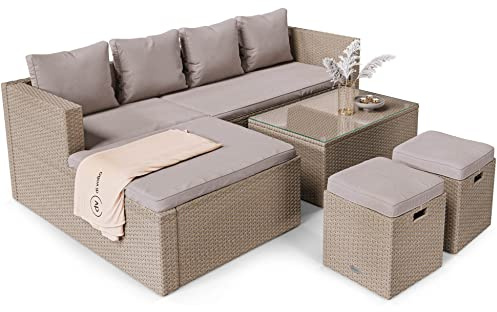 di volio Gartenmöbel-Set Polyrattan Lounge mit Liegefunktion Garten Bologna | Ecksofa, 2 Hocker, Couchtisch, Glasplatte, imprägnierte Kissen, Stahlrahmen, UV-beständig, wetterfest, pflegeleicht