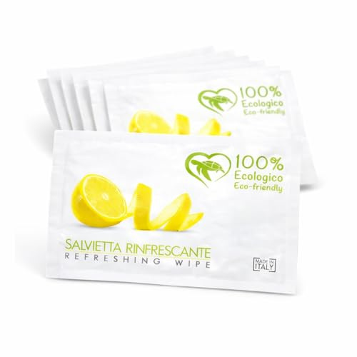 Virsus Salviette umidificate a limone BIODEGRADABILI in CARTA 100% Fibra Naturale, misura 7x10 cm, salviettine Compostabili rinfrescanti aperitivo wipe clean lemon towel, Varie Quantità (100)