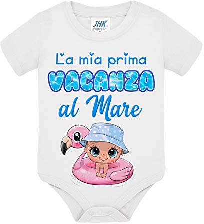 Gattablu Body bimbo La mia prima vacanza al mare, bambino con salvagente fenicottero, idea regalo bebè estate! (3 mesi)